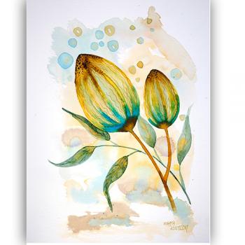 watercolor original Marta Konieczny for woman for girl for friend for anniversary gift beauty, best, Hahnemuhle paper
pink blue 40x30 cm,delicate, flowers, blue, turquoise,GOLD